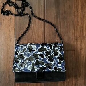 Michael Kors Collection Yasmeen Suede Clutch Crossbody Blue Black White Flower